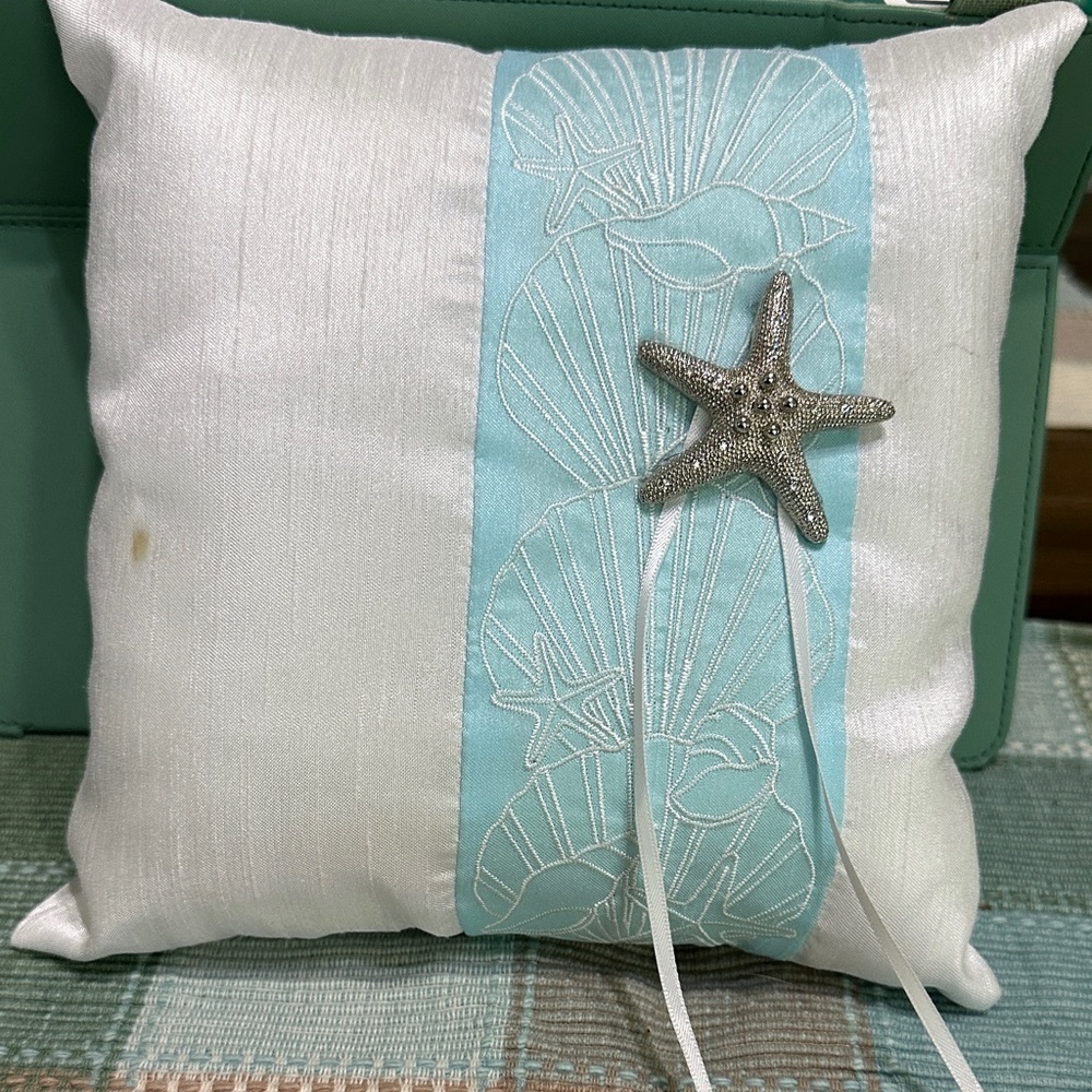 White and Blue Starfish Ring Bearer or Accent Pillow.